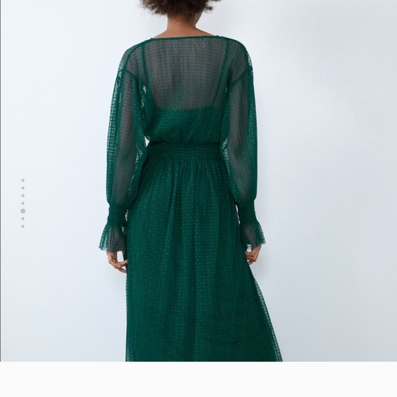 Zara Green Long Sleeve Dress Weddings Slip Sheer Midi Gorgeous Deep Green Small - Picture 3 of 16